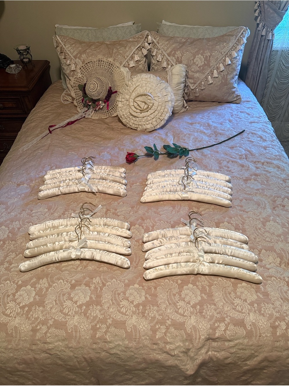 Set of 24 Vintage Ivory Satin Padded Hangers Silver Hooks Ribb